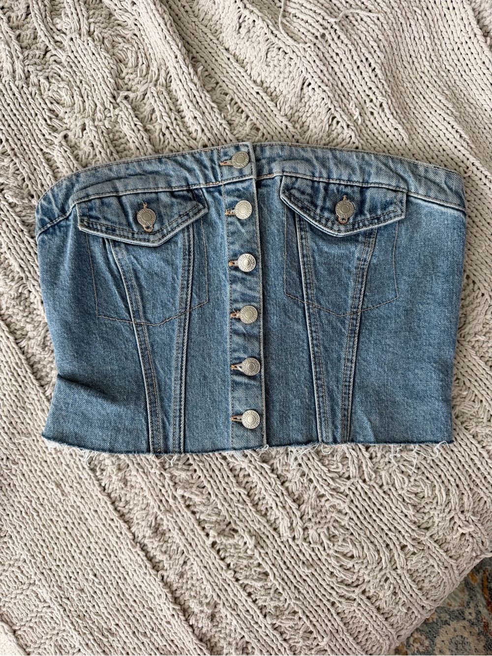 ZARA Denim Button-Front Strapless Bustier Top - Blue